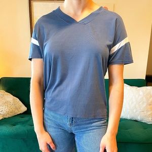 Pink Rose v-neck, dusty blue t-shirt